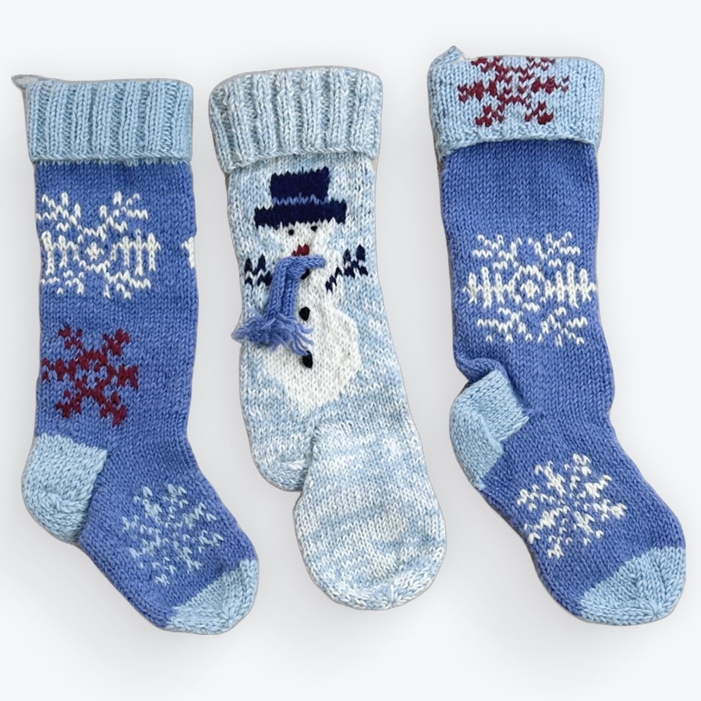 Nepalese Woolen Set of 3 Decorated Holiday Snowman & Snowflakes Stockings